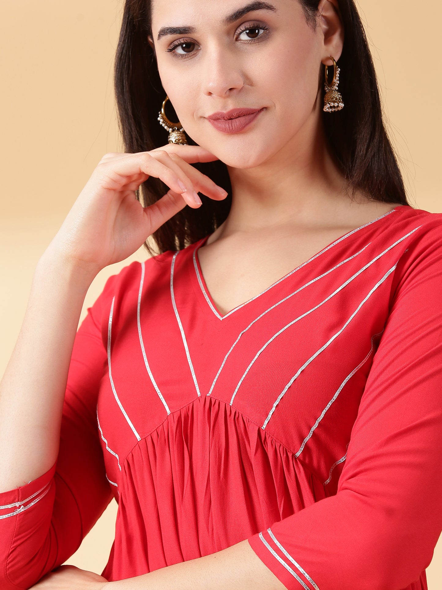 Women Red Reyon Alia Cut Kurta With Palazzos & Dupatta