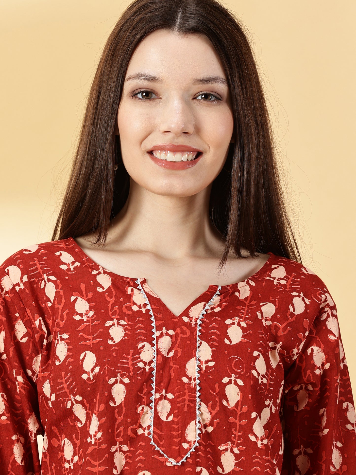 Women Brown Cotton Printed Straight Kurti