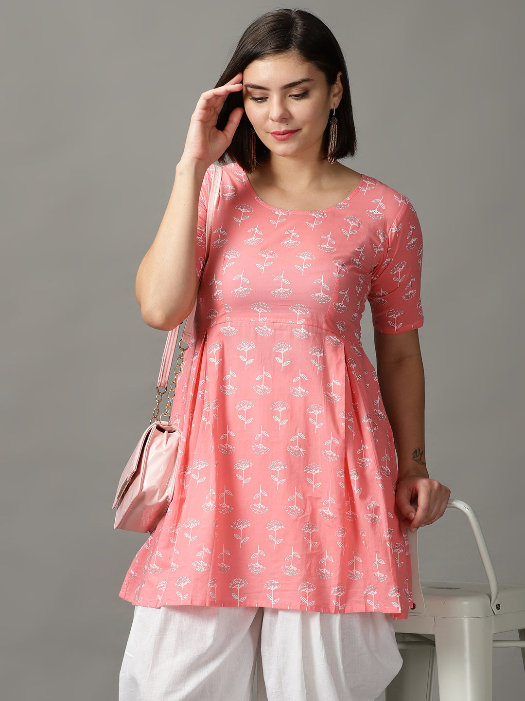 Pink Printed Cotton Kurta With Dhoti