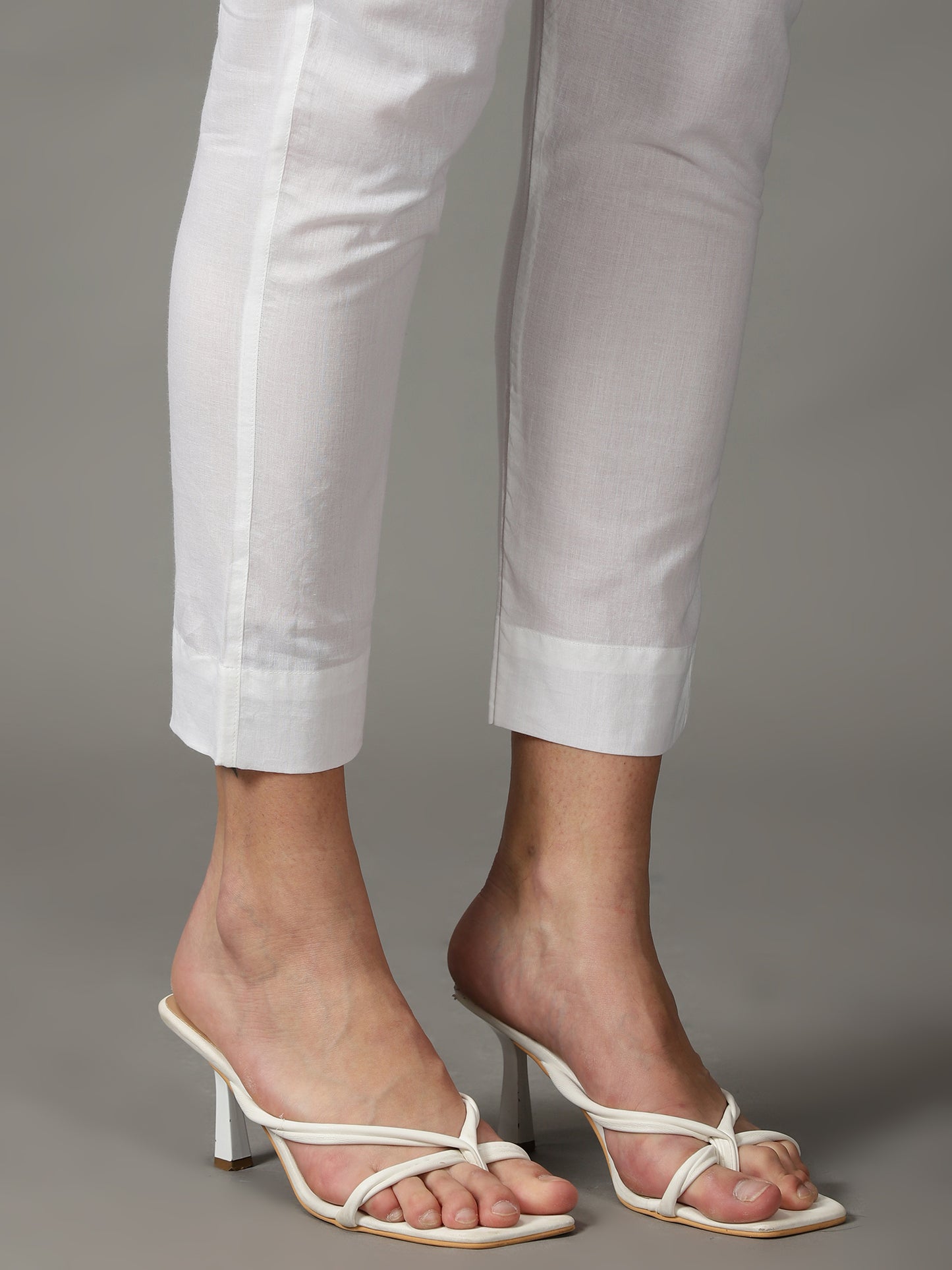Women White Solid Cotton Ankle Length Trousers
