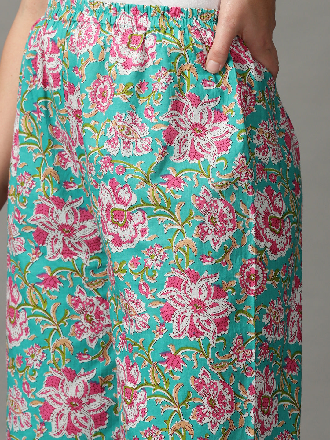 Multi Printed Cotton Anarkali Kurta With Palazzos & Dupatta