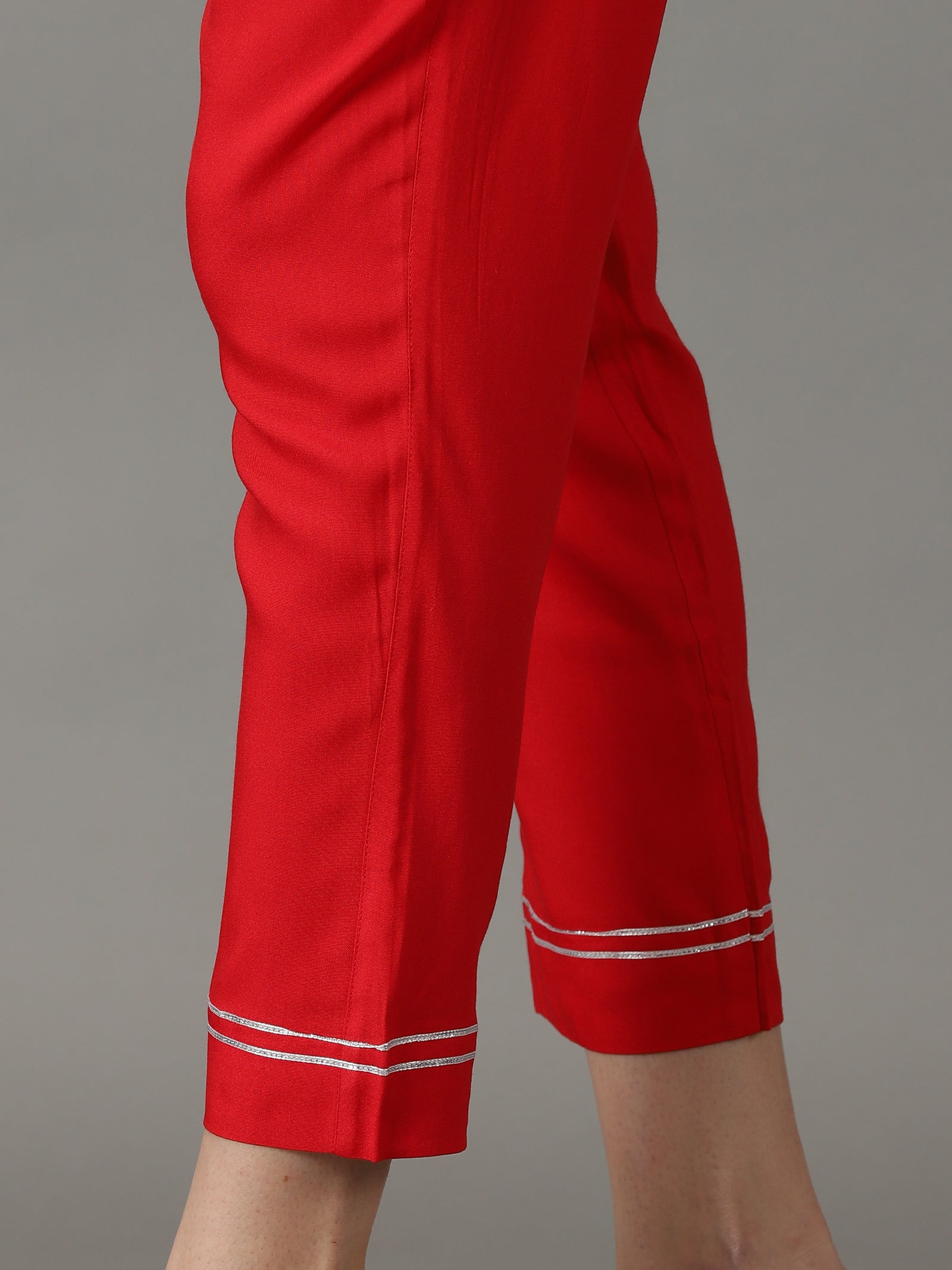 Women Red Solid Fit Trousers