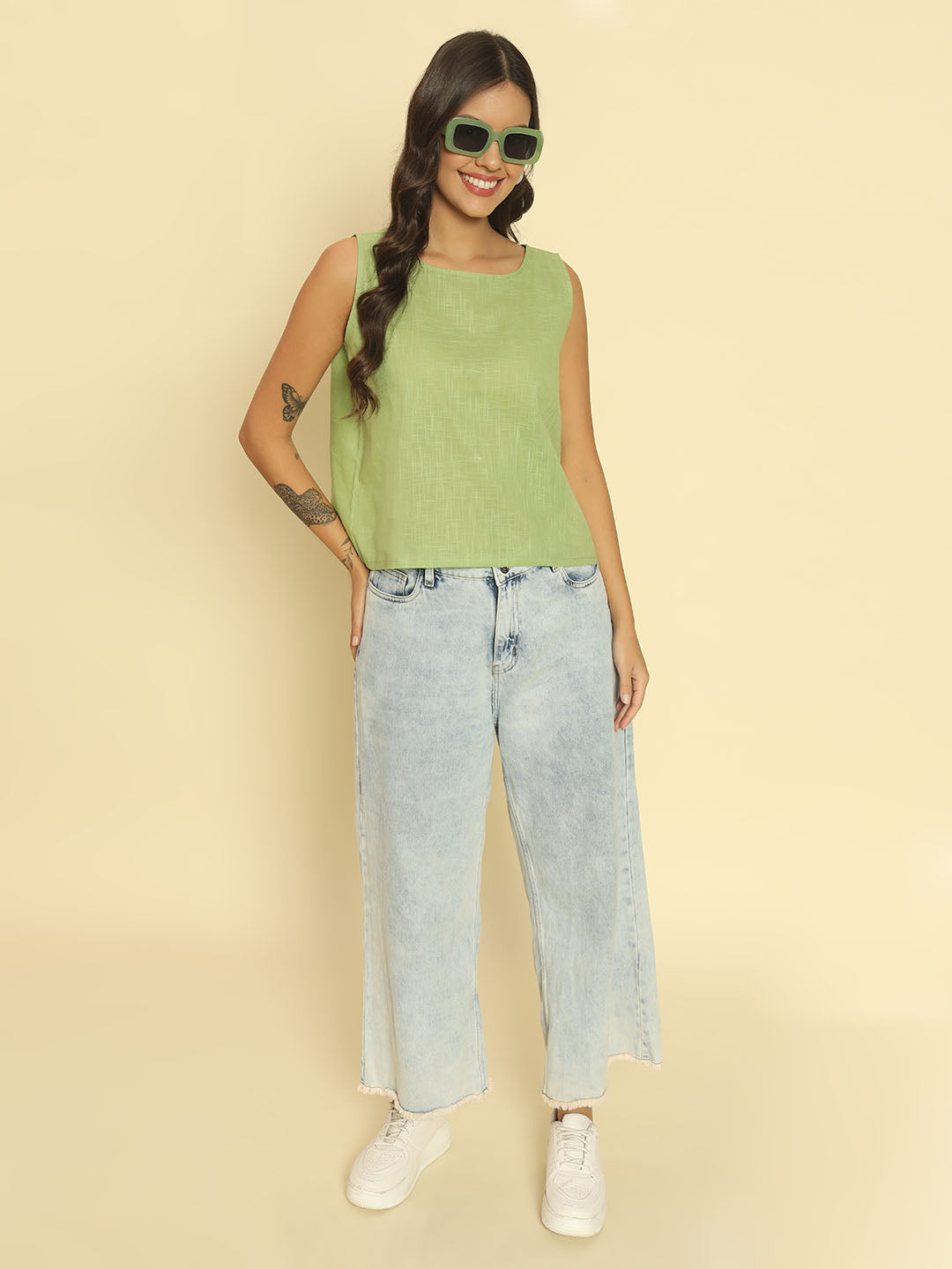 Women Green Khadi Cotton Top
