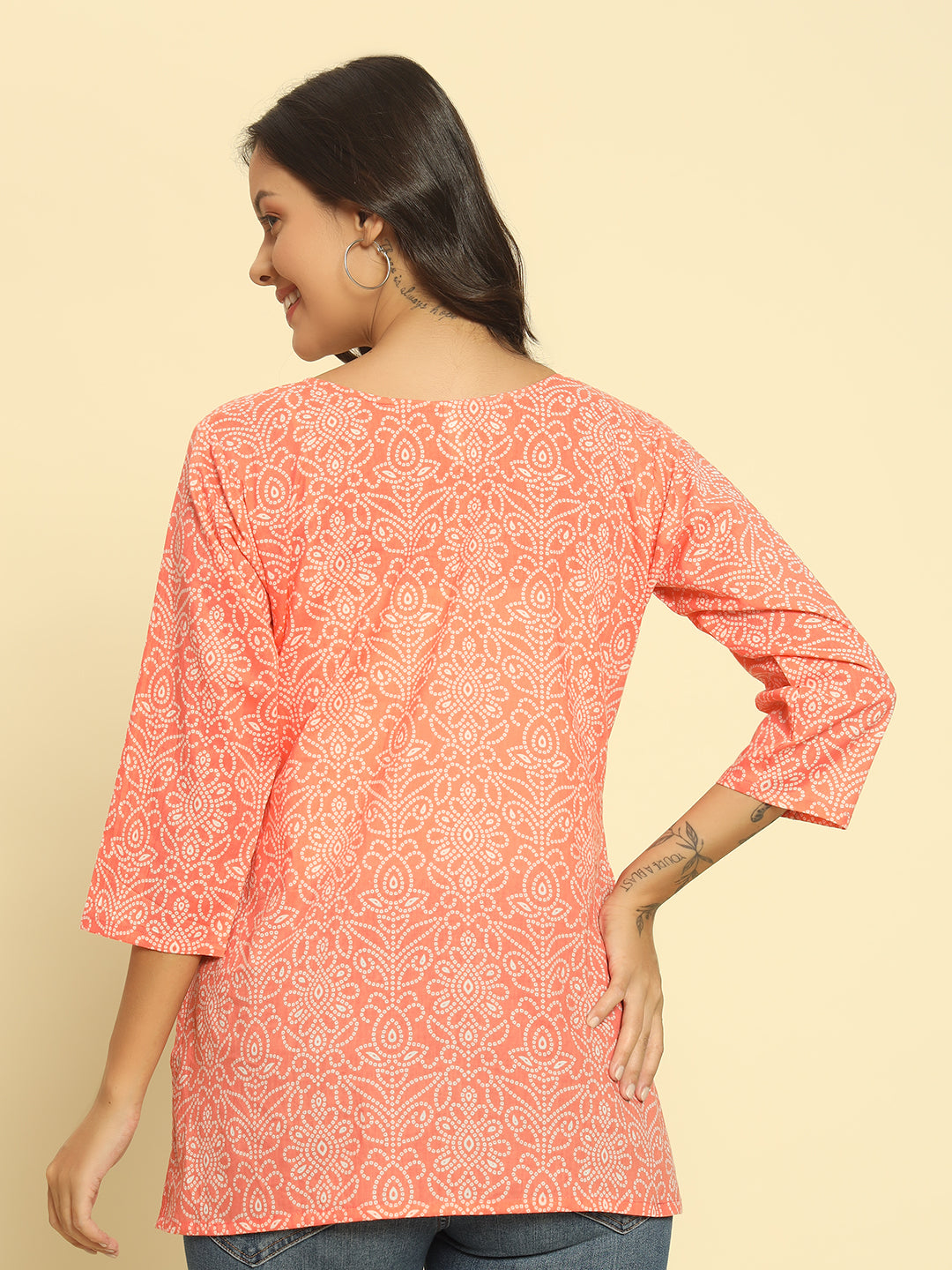 Women Peach Cotton Printed Straight Kurti