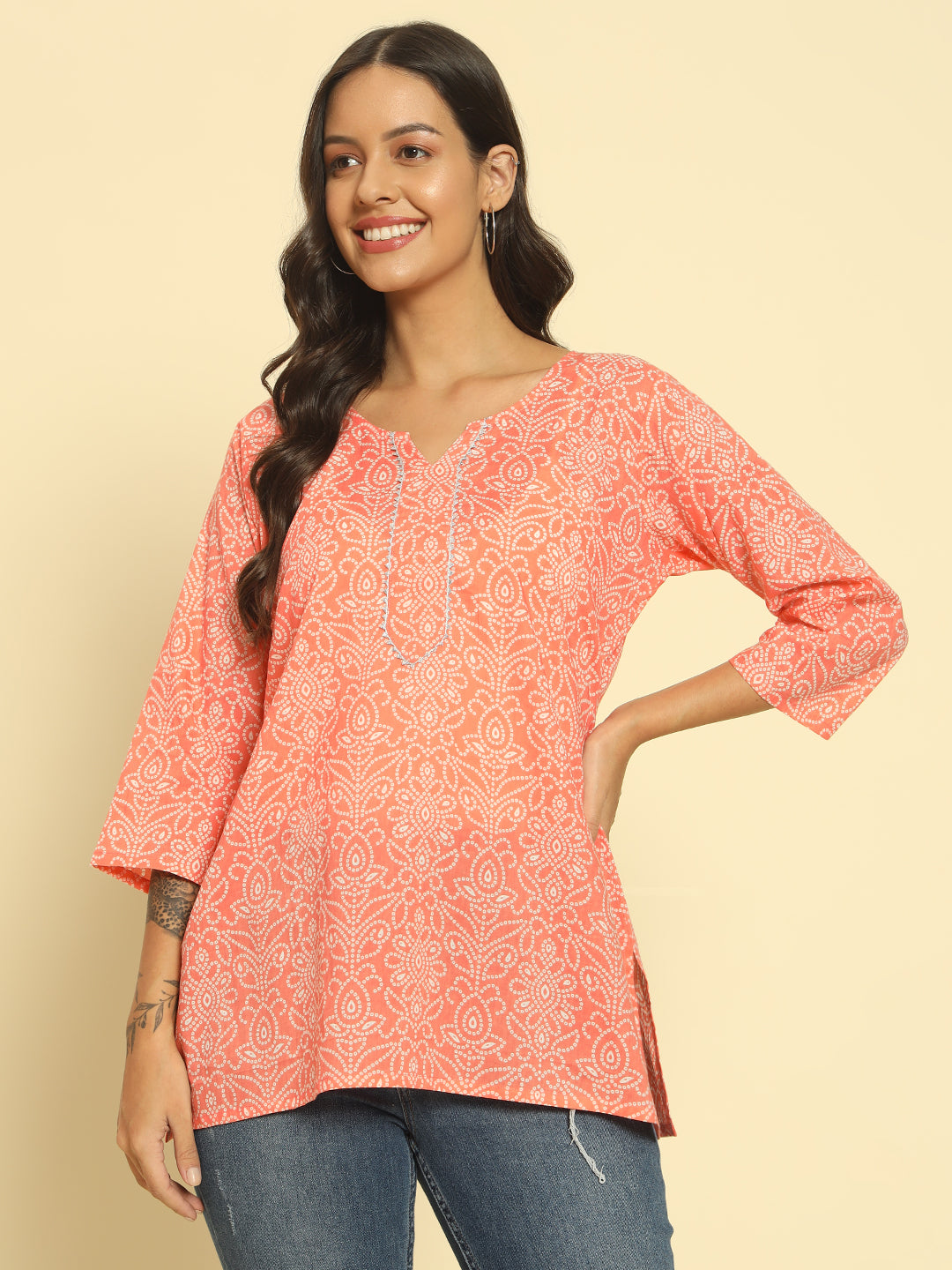 Women Peach Cotton Printed Straight Kurti