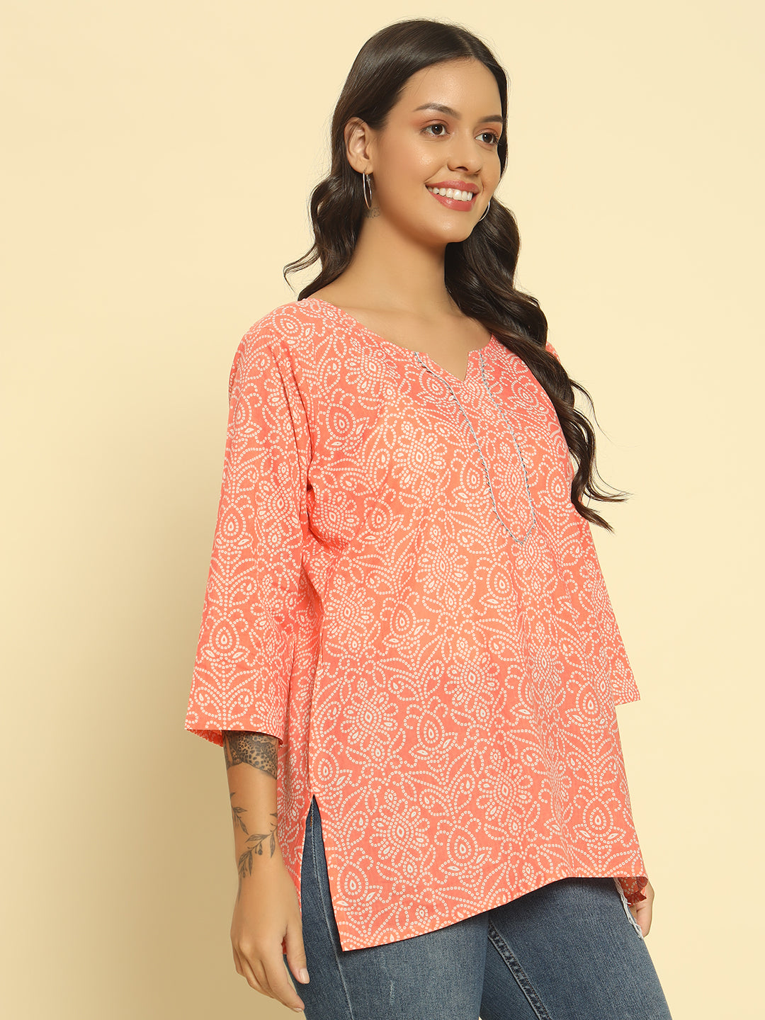 Women Peach Cotton Printed Straight Kurti