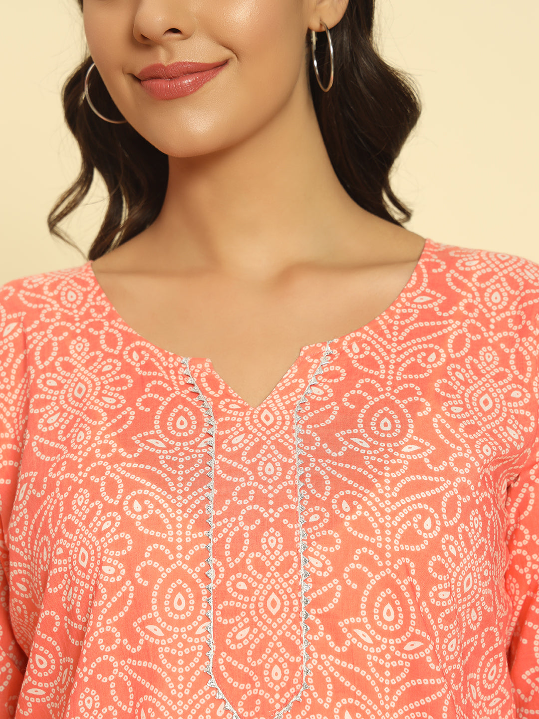 Women Peach Cotton Printed Straight Kurti