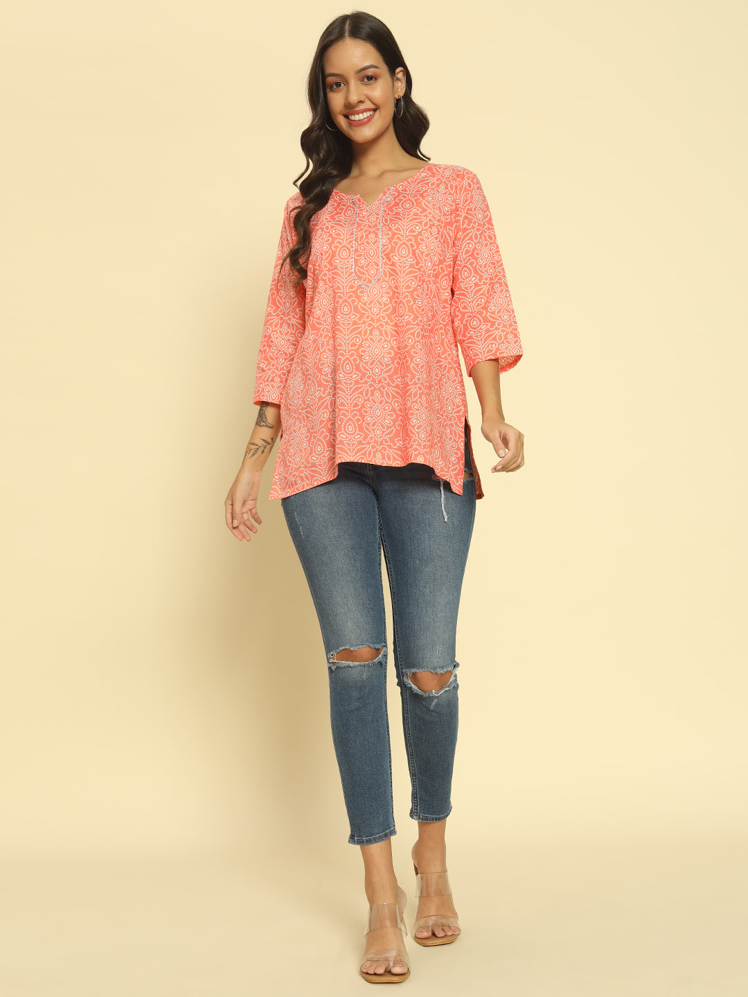 Women Peach Cotton Printed Straight Kurti