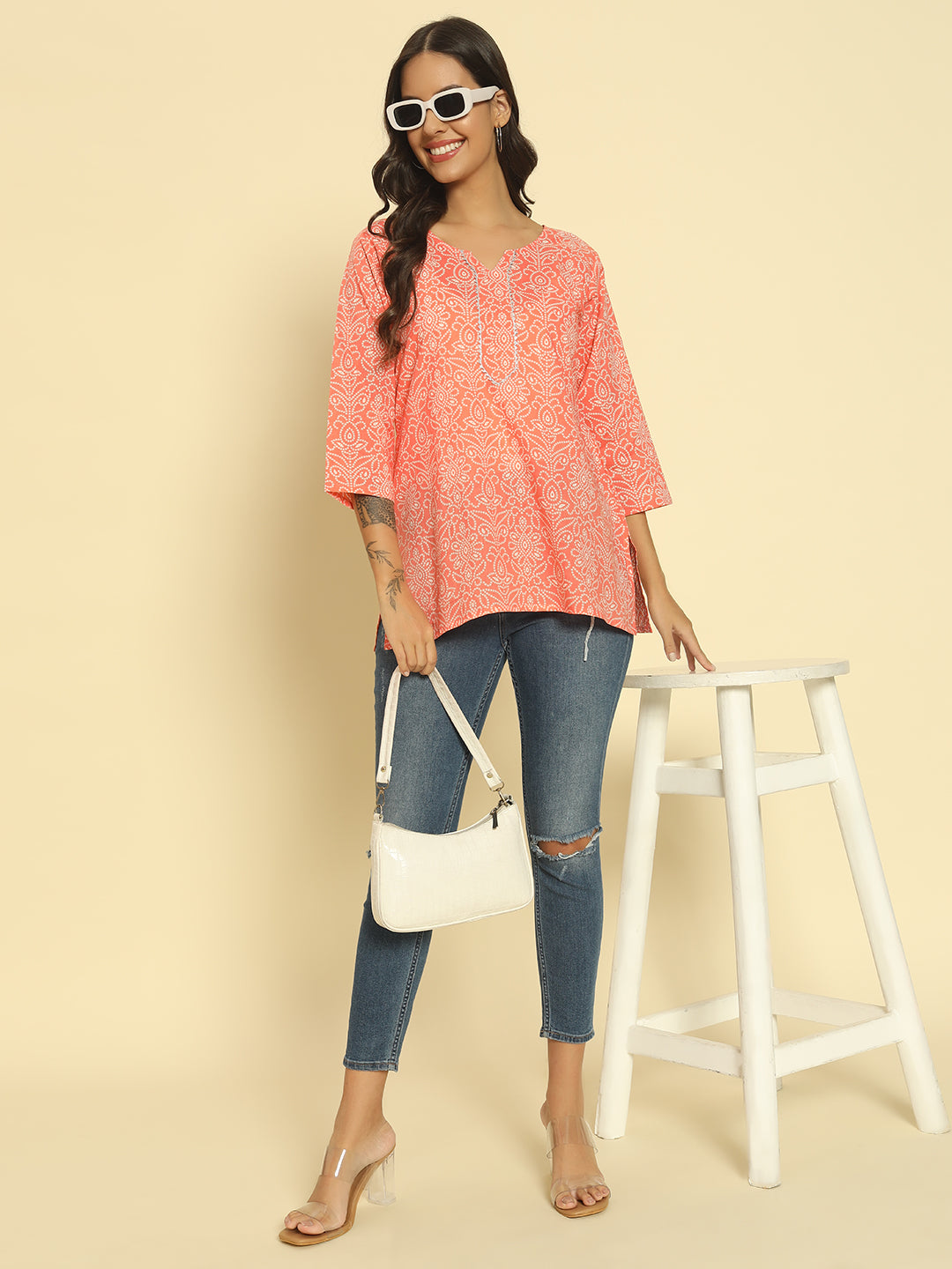 Women Peach Cotton Printed Straight Kurti