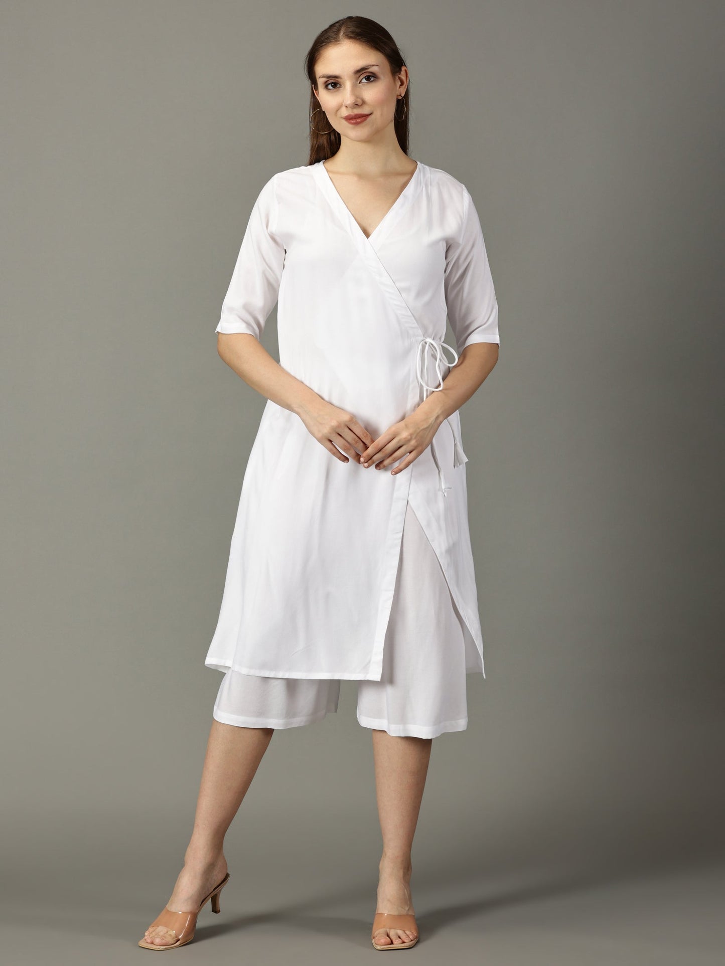 White Angrakha Kurta With Dori Tie Up & Half Palazzos