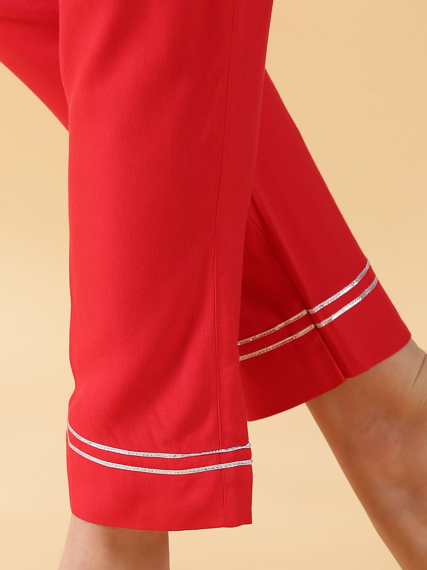 Women Red Reyon Nayra Cut Kurta With Pant & Dupatta