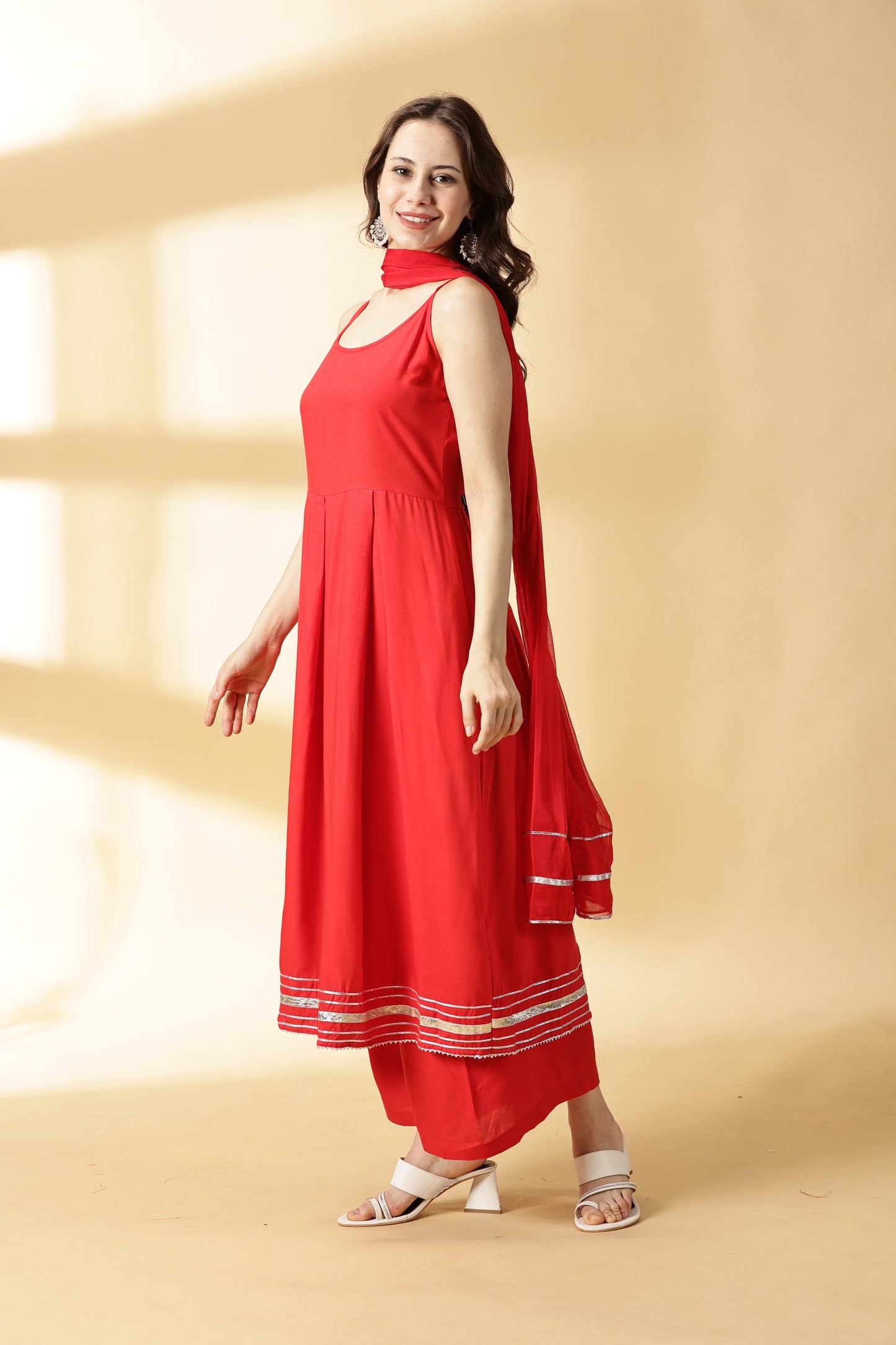 Women Red Anarkali Kurta With Palazzo &Dupatta