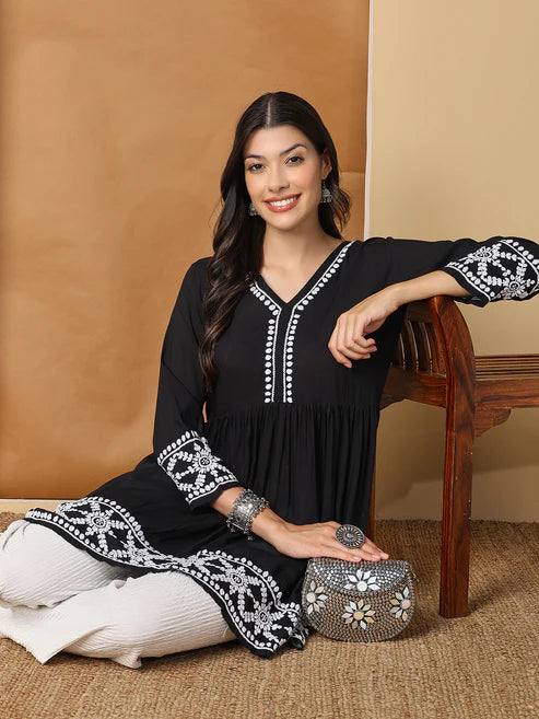Black Modal Flared Short Kurta with White Hand Chikankari