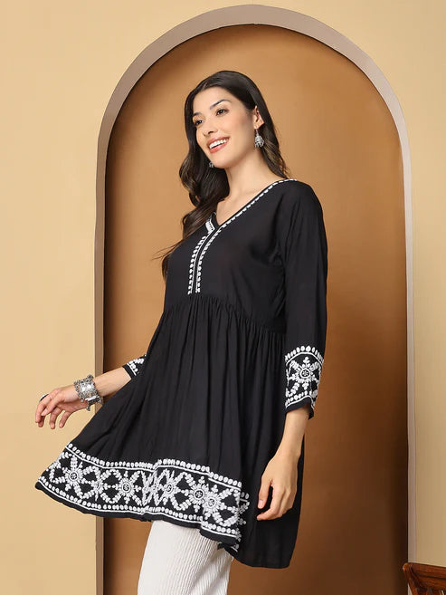 Black Modal Flared Short Kurta with White Hand Chikankari