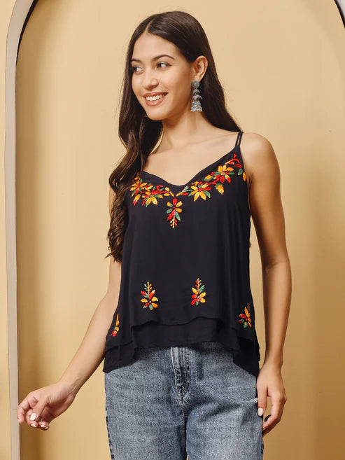 Women Black Chanderi Hand Chikankari Top