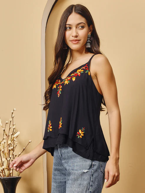 Women Black Chanderi Hand Chikankari Top