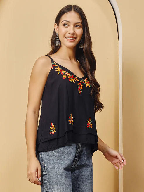 Women Black Chanderi Hand Chikankari Top