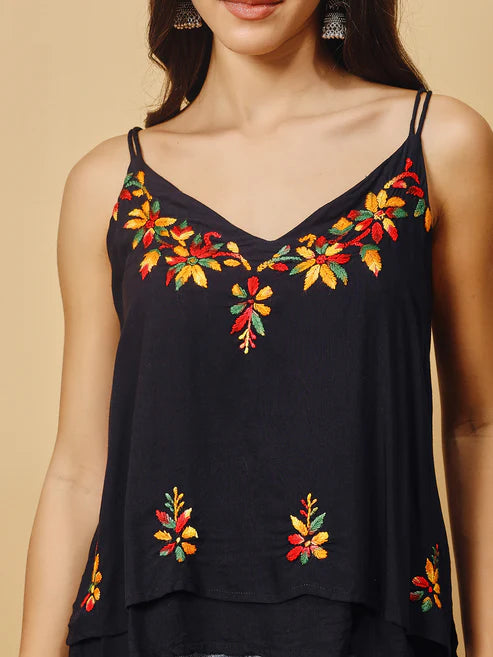Women Black Chanderi Hand Chikankari Top