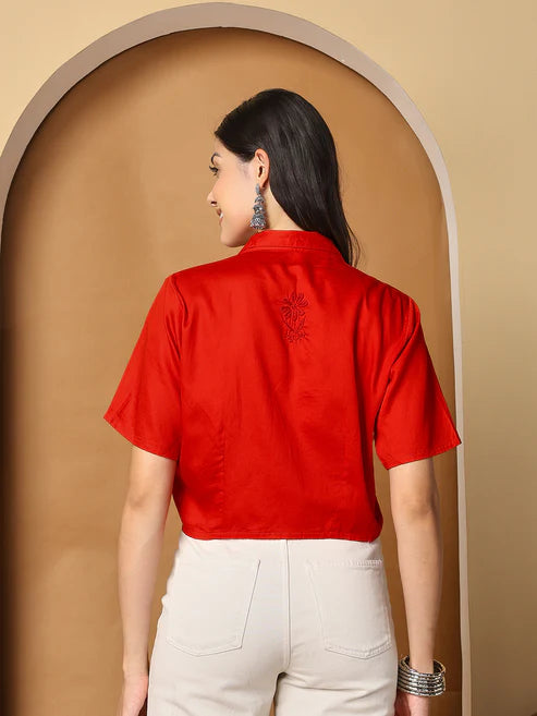Women Red Chanderi Hand Chikankari Top