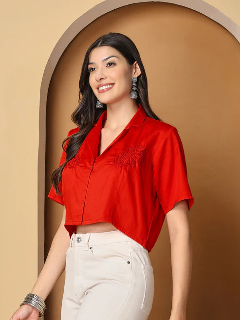 Women Red Chanderi Hand Chikankari Top
