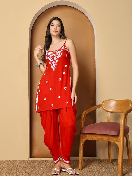 Red Rayon Spaghetti Kurta Set with White Chikankari Work