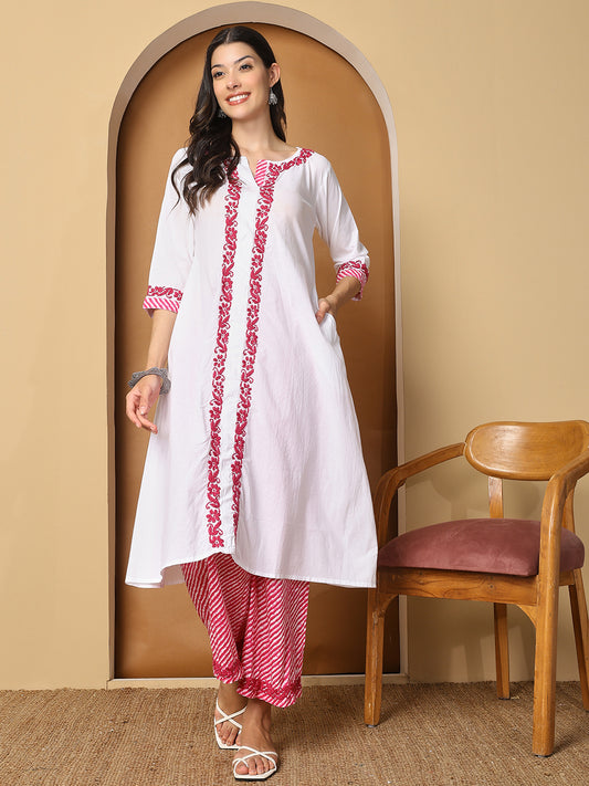 White Cotton Long Kurta Set with Pink Chikankari and Palazzo Pants