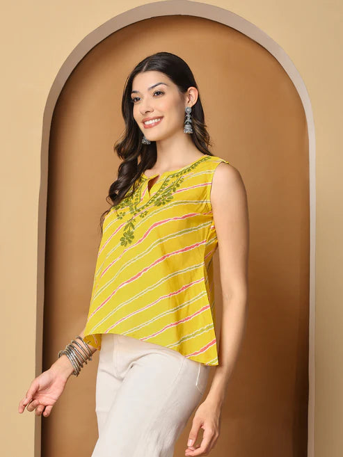 Yellow Printed Cotton Chikankari Sleeveless Top