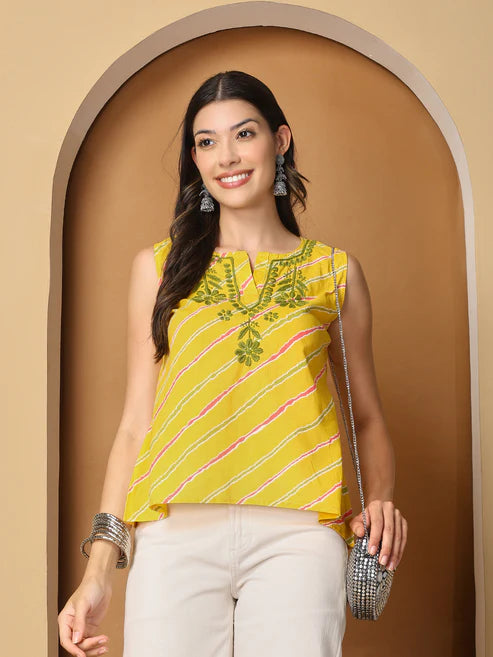 Yellow Printed Cotton Chikankari Sleeveless Top